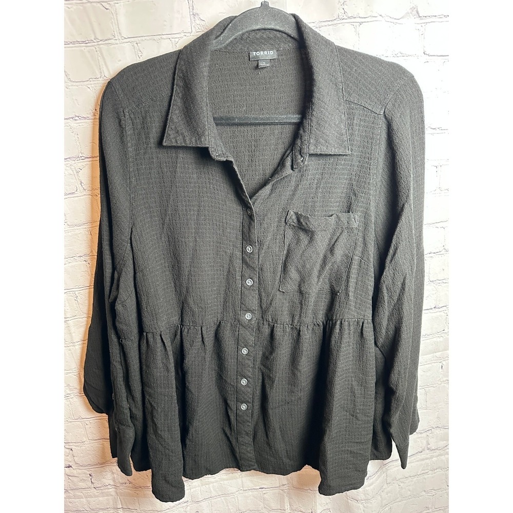 Torrid Babydoll Top Blouse Button Front Long Sleeve Black Plus Size 1